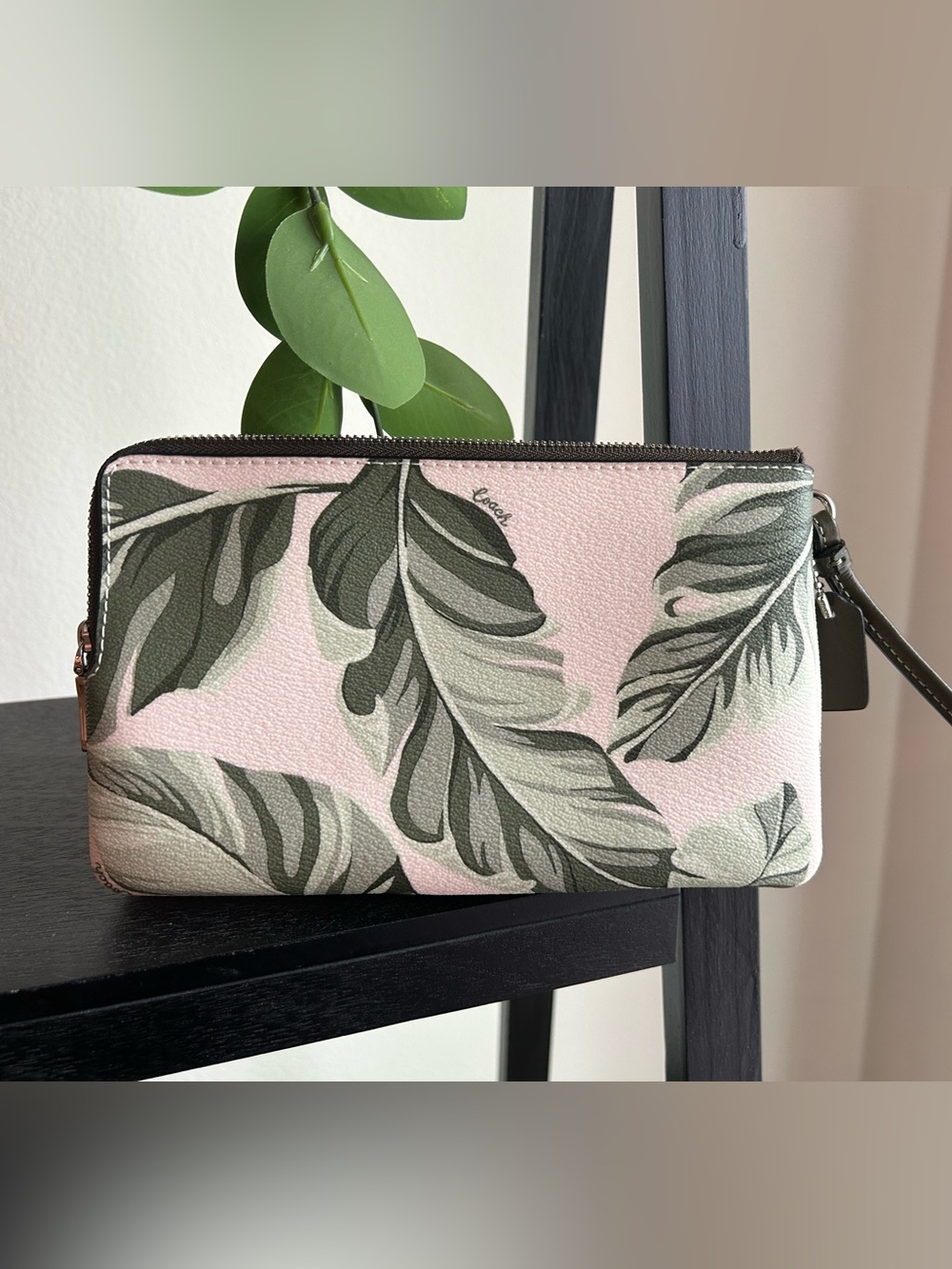 Coach Pink Tropical Leaf Zip Wristlet - Picture 2 of 4